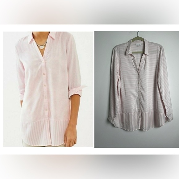 J.Jill Pink White Contrasting Stripe Long Sleeve Button Down Tunic Top Size L - Picture 1 of 13
